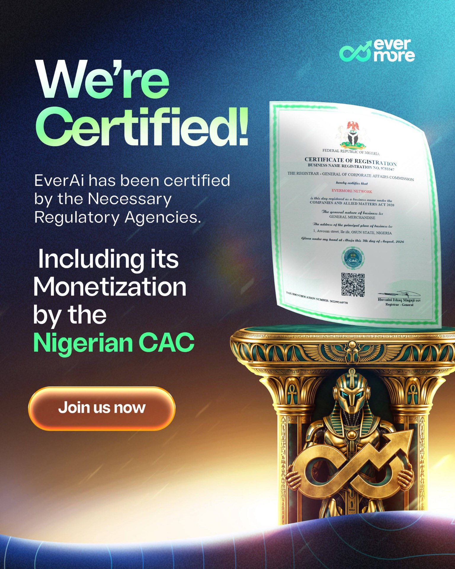 Evermore registration transparency graphic containing the supplied CAC registration document